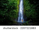 Small photo of brave girl stands in front of a mighty waterfall with her hands raised in the air; celebration of a successful climb over a waterfall; tropical waterfall in Costa Rica; hidden gems of costa rica
