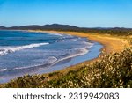 Small photo of beautiful wooli beach with large waves on the coast of pacific in yuraygir national park, new south wales, australia
