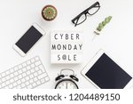 Creative Top view flat lay promotion composition Cyber Monday sale text on lightbox alarm clock white background copy space Template Cyber Monday sale mockup fall thanksgiving promotion advertising
