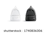 Blank black and white closed backpack with zipper mockup set, isolated, 3d rendering. Empty carry schoolbag or handbag mock up, front view. 