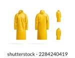 Blank yellow protective raincoat mockup, different views, 3d rendering. Empty polyester outerwear with hood for rainy season mock up, isolated. Clear casual windproof parka template. 3D Illustration