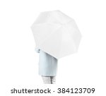 Small photo of Women stand backwards with white blank umbrella opened mock up isolated. Female person hold clear umbel overhead. Plain surface gamp mockup. Man holding protective accesory gingham cover handle.