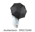 Small photo of Women stand backwards with black blank umbrella opened mock up isolated. Female person hold grey clear umbel overhead. Plain surface gamp mockup. Man holding protective accesory gingham cover handle.
