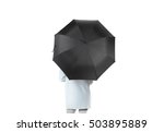 Small photo of Women stand backwards with black blank umbrella opened mockup, clipping path. Female person hold clear umbel overhead. Plain surface gamp mockup. Man holding protective accesory gingham cover handle.