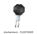 Small photo of Lady stand backwards with black blank umbrella opened mockup, clipping path. Female person hold clear umbel overhead. Plain surface gamp mockup. Man holding protective accesory gingham cover handle.