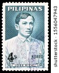 Small photo of MOSCOW, RUSSIA - SEPTEMBER 27, 2019: Postage stamp printed in Philippines shows Jose Rizal (overprint 4c on 6c)(1861-1896), serie, circa 1967
