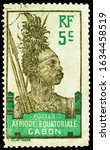 Small photo of MOSCOW, RUSSIA - OCTOBER 8, 2019: Postage stamp printed in Gabon shows Warrior, Definitive - Warrior - Libreville - Bantu Woman (Congo) serie, 5 French centime, circa 1910
