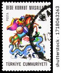 Small photo of MOSCOW, RUSSIA - APRIL 28, 2020: Postage stamp printed in Turkey shows Dede Korkut, Tales of Dede Korkut serie, circa 1975