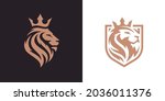Royal king lion crown symbols. Elegant gold Leo animal logo. Premium luxury brand identity icon. Vector illustration.