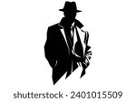 detective logo, silhouette of man wear hat and coat