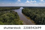Louisiana Swamp and cypress tree forest with fishing boat afternoon high angle landscape shot