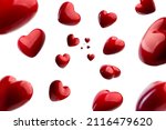 Collection of Red Heart falling isolated on white background. Selective focus. Concept Valentine Day