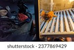 Small photo of indonesian, karawang jayakerta - october 21 2023 : The appetizing fried chicken in the window contrasts with the buyers' motorbikes next to it, creating an unbalanced atmosphere