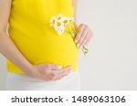 Woman in yellow blouse holding daisy flowers and touching big belly with hand. Isolated on gray background. Emotional loving pregnancy time. Baby expectation. Happiness concept. Closeup.