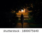 Young alone woman in dress walking on sidewalk through dark park to home in summer black night. Scary moment and gloomy atmosphere. Back view.