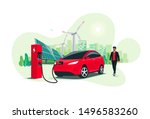 electric suv car charging at... | Shutterstock .eps vector #1496583260