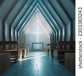 Modern minimalistic church or chapel interior lit by morning sunlight. Two rows of empty wooden pews. Simple alar at the center. Place of worship with cross on the wall. Christianity, religion concept
