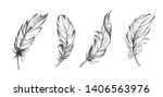 Set of bird feathers. Hand drawn illustration converted to vector. Outline with transparent background
