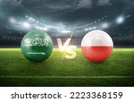 Soccer Football ball 3D with Saudi Arabia vs Poland flags match on green soccer field