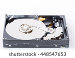Small photo of Close-up view of an opened computer hard disc drive, non-volatile storage device