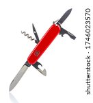 Small photo of Moscow, Russia - May 15, 2020: Classical red Victorinox swiss pocket foldable knife with open tools isolated on white background