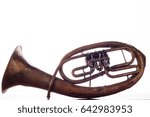 Small photo of isolated old rusty alto saxhorn on white background.