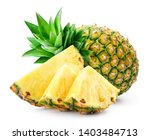 Whole pineapple and pineapple slice. Pineapple with leaves isolate on white. Full depth of field.