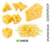 Small photo of Cheese isolated. Cheese piece, cube, triangle on white background. Grated cheese. Cheese collection.