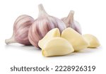 Small photo of Garlic bulb and clove isolated. Garlic bulbs with cloves on white background. Garlic bulb composition. With clipping path. Full depth of field.