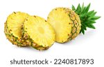 Small photo of Pineapples isolated. Pineapple half with leaves on white background. Cut pineapple with round slices. Composition isolate on white.