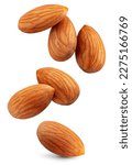 Small photo of Almond isolated. Almonds flying on white background. Perfect retouched almond nuts side view. Full depth of field.