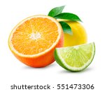 Citrus composition. Fruit with leaves isolated on white background. Orange, lemon, lime.