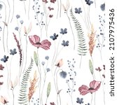Floral seamless pattern with abstract wildflowers, plants and delicate branches, watercolor print isolated on white background for textile or wallpapers, illustration in provence style.