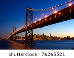 San Francisco skyline and Bay Bridge at sunset, California, USA