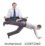 Small photo of wring out businessman underpins meditator - the idea to exploit subordinate flunky manipulation, shifting and delegating duties to other colleagues, parasitism, stress