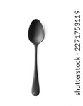 Small photo of Metallic black matte spoon on white insulation, black cutlery on a white background top view.