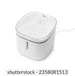 Small photo of White electric pet water dispenser, smart cat drinker, drinking fountain with replaceable filter, water quantity and filter change indicators, isolated on white.