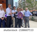 Small photo of New York NY USA-August 9, 2022 NY Congressman Jerrold Nadler joins transit advocates, elected officials and local leaders at a rally calling on the MTA to build the HellOs Kitchen subway station