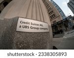 Small photo of New York NY USA-July 26, 2023 A sign on the New York headquarters of Credit Suisse, now owned by the UBS Group AG, on Madison Ave.