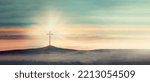 Small photo of Silhouette of christian cross, lights, bokeh on black background. Copy space. Faith symbol. Church worship, salvation concept. Faith symbol in Jesus Christ. Holy cross for Easter day. Christianity