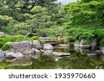 Beautiful calm scene in spring Japanese garden in Fukuoka, Japan