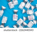 Small photo of Madrid, Madrid, Spain - 02 15 2023: aerial view of Omeoprazol bottles (stomach protector) with a pill inside to dilute in serum and the text: "powder for solution for EFG infusion, intravenous route"