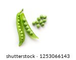Isolated green pods. Sweet green pea. Top view. White background. 