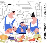 happy vegetarian family cooking ... | Shutterstock .eps vector #2119031573