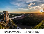Clifton Suspension Bridge, Bristol, UK with sunset and sunbeams