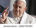 Small photo of VATICAN CITY, VATICAN - 29 MARCH 2023: Pope Francis waves as he arrives on his popemobile car to lead his weekly general audience in St. PeterOs square.