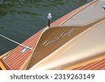 Small photo of St. Michaels, Maryland, USA-June 17, 2023: The fin of a 1955 Chris-Craft Cobra runabout at the Chesapeake Bay Maritime Museum during its annual Antique and Classic Boat Show.