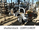 Small photo of Oro Grande, California, USA. June 14, 2014. An Old Jeep at Elmer's Bottle Tree Ranch. Eclectic Collection of Bottles and nic nacs.