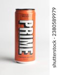 Small photo of London, United Kingdom, 18th October 2023:- A Can of Orange and Mango Prime Energy drink, promoted by Youtubers Logan Paul and KSI