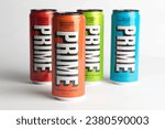 Small photo of London, United Kingdom, 18th October 2023:- Four Cans of Prime Energy drink, promoted by Youtubers Logan Paul and KSI
